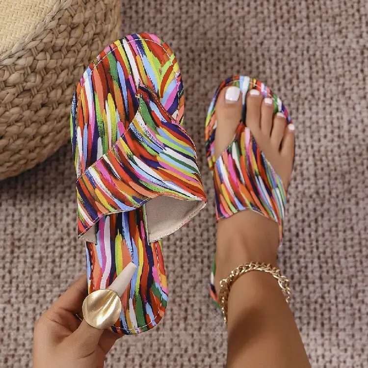 Colorful Striped Women's Flat Heel Slippers Large