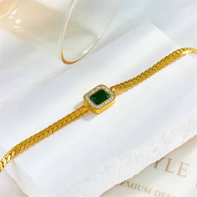 Green Square Diamond Gemstone Titanium Bracelet - Image 3