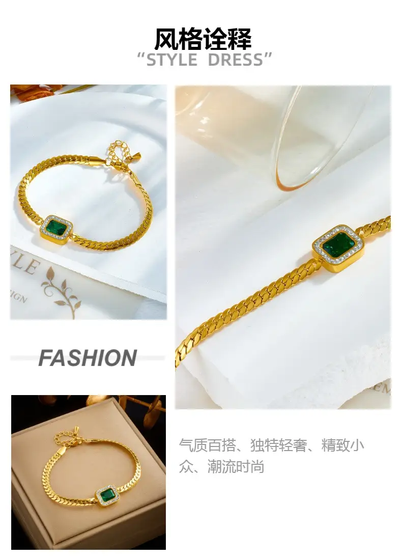 Green Square Diamond Gemstone Titanium Bracelet β feature 2