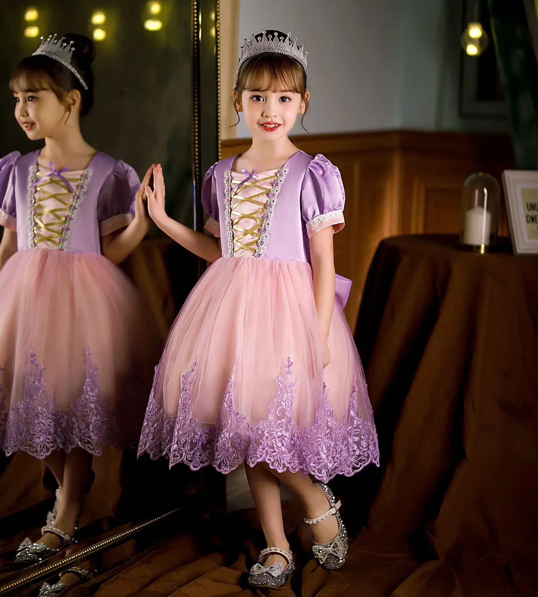 Purple Crystal Rapunzel Dress Mesh Bow Gown — feature 2