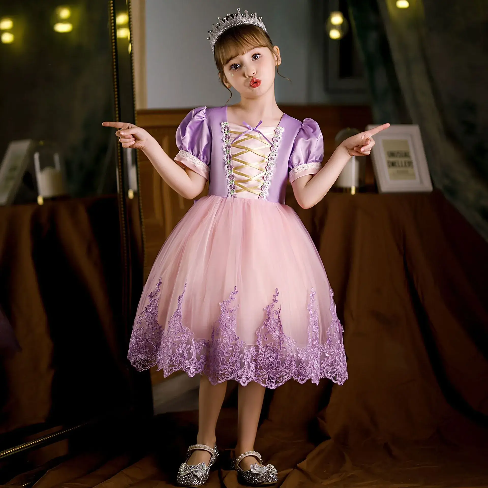 Purple Crystal Rapunzel Dress Mesh Bow Gown — feature 3