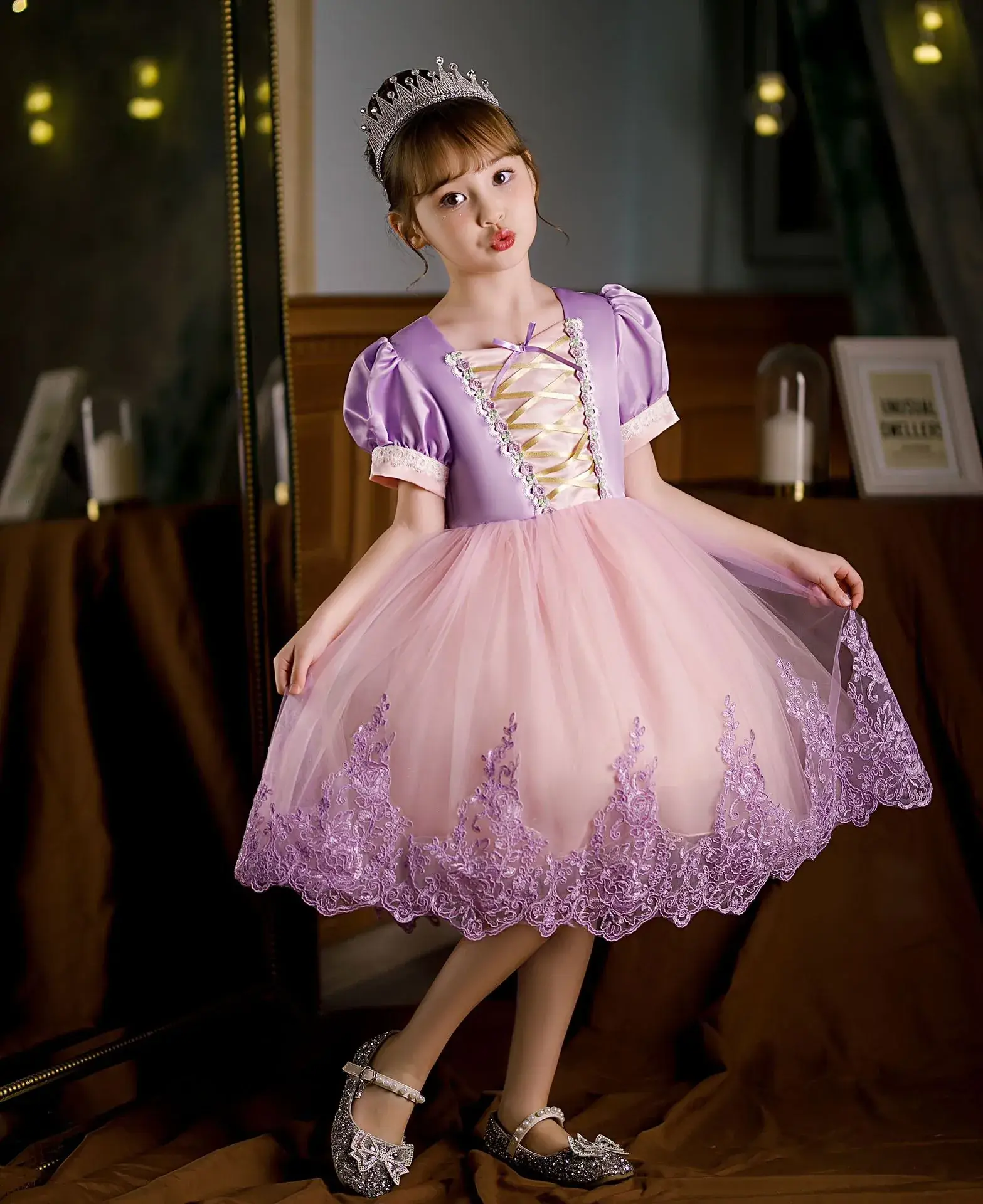 Purple Crystal Rapunzel Dress Mesh Bow Gown — feature 4