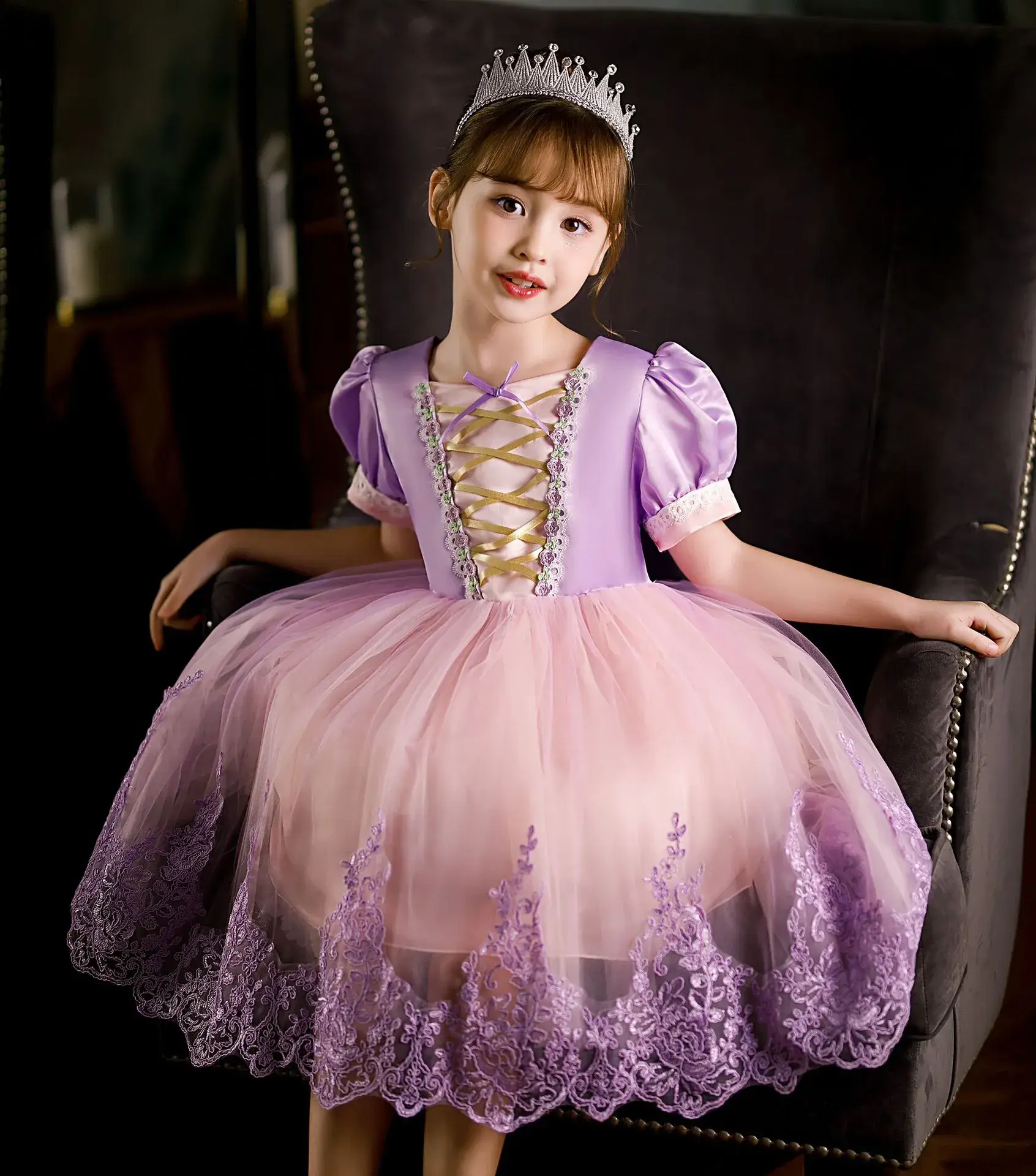 Purple Crystal Rapunzel Dress Mesh Bow Gown — feature 5