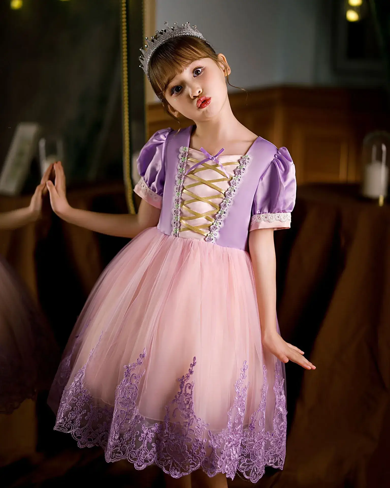 Purple Crystal Rapunzel Dress Mesh Bow Gown — feature 6