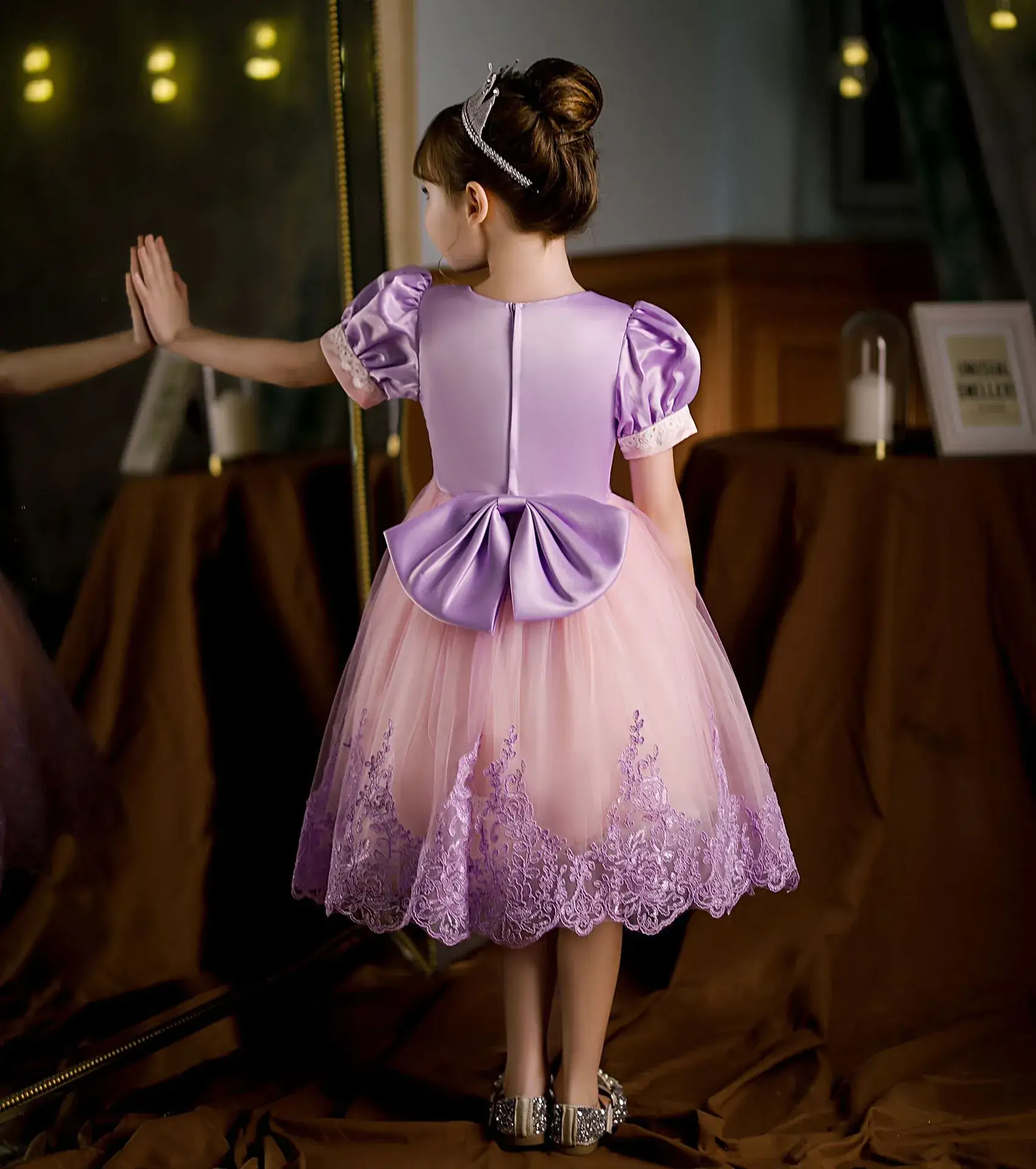 Purple Crystal Rapunzel Dress Mesh Bow Gown — feature 7