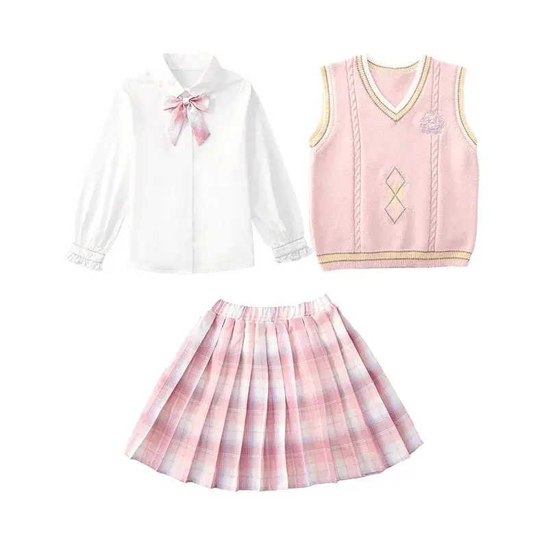 Girls Korean Style Rhombic Vest Shirt Pleated Skirt Set - Image 7