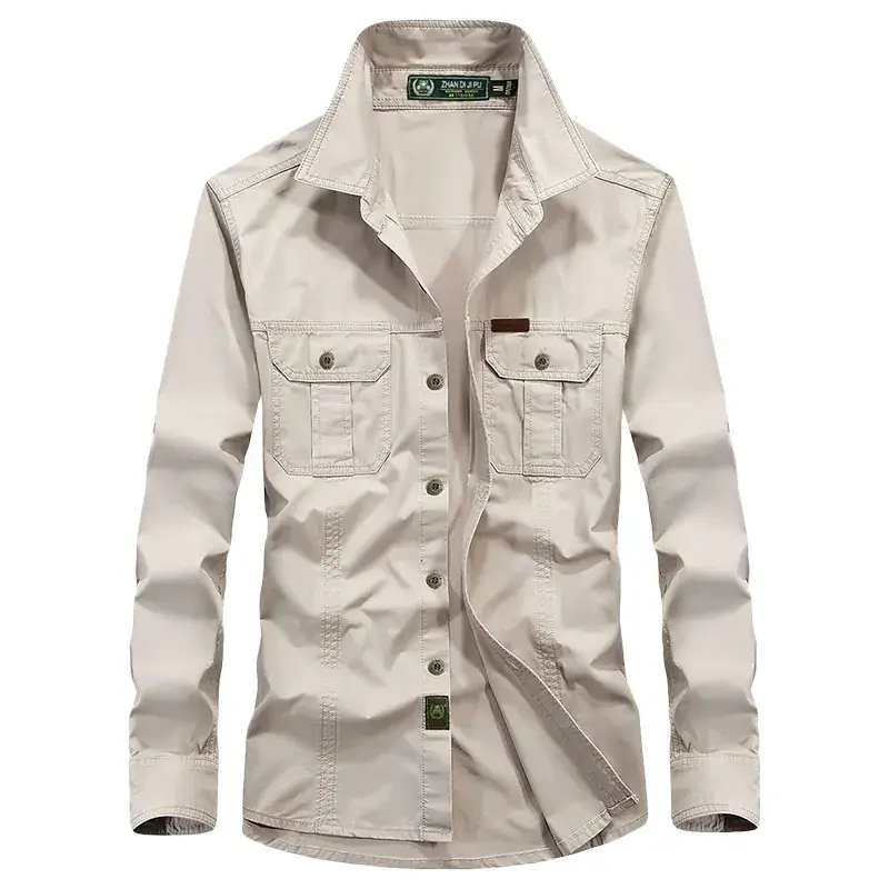 Men's 2023 Pure Cotton Beige Long Sleeve Shirt - Image 10