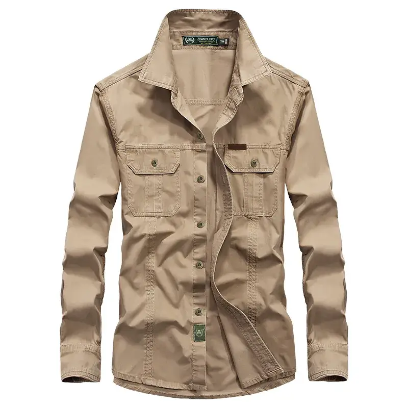 Men's 2023 Pure Cotton Beige Long Sleeve Shirt - Image 2