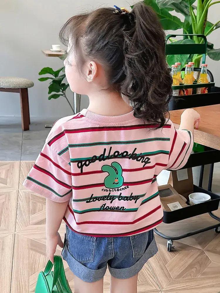 Children's Striped Cotton T-Shirt Set for Girls - Image 3
