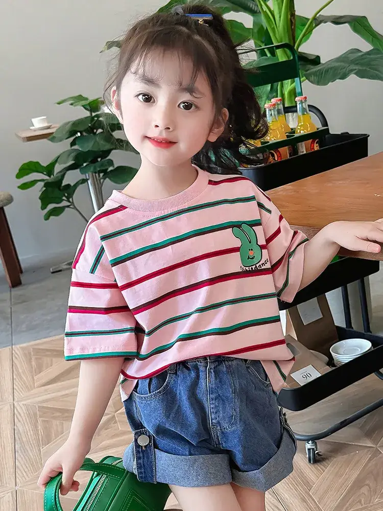 Children's Striped Cotton T-Shirt Set for Girls - Image 4