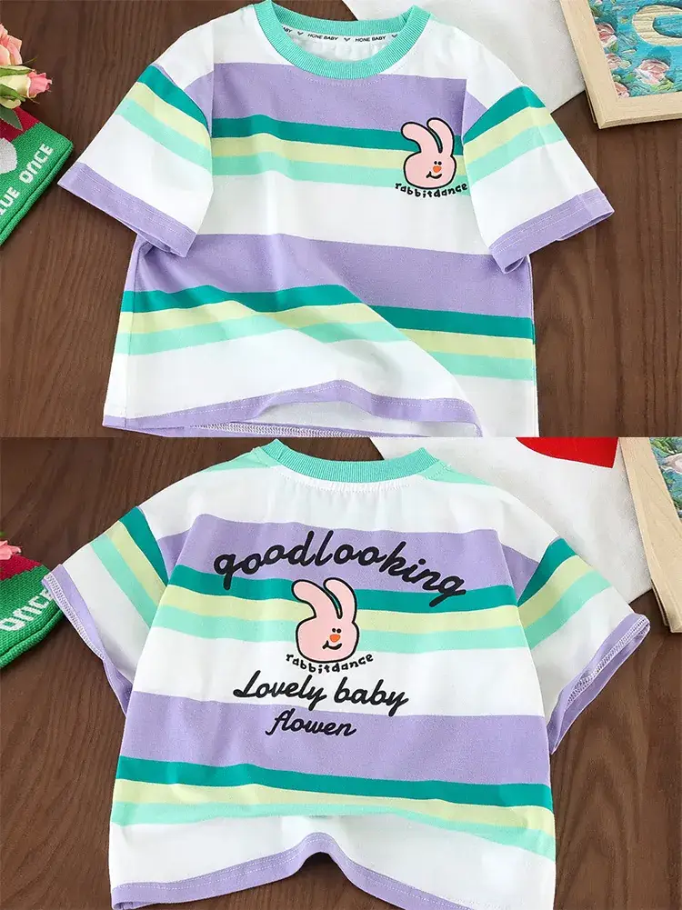 Children's Striped Cotton T-Shirt Set for Girls - Image 6