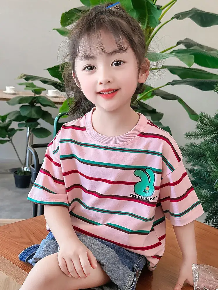 Children's Striped Cotton T-Shirt Set for Girls - Image 7
