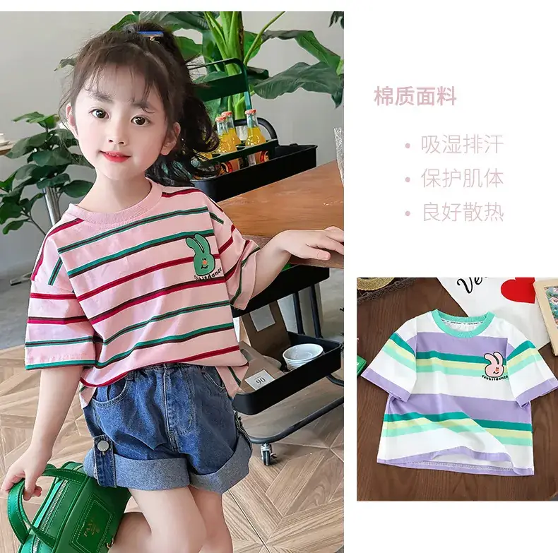 Children's Striped Cotton T-Shirt Set for Girls — feature 3