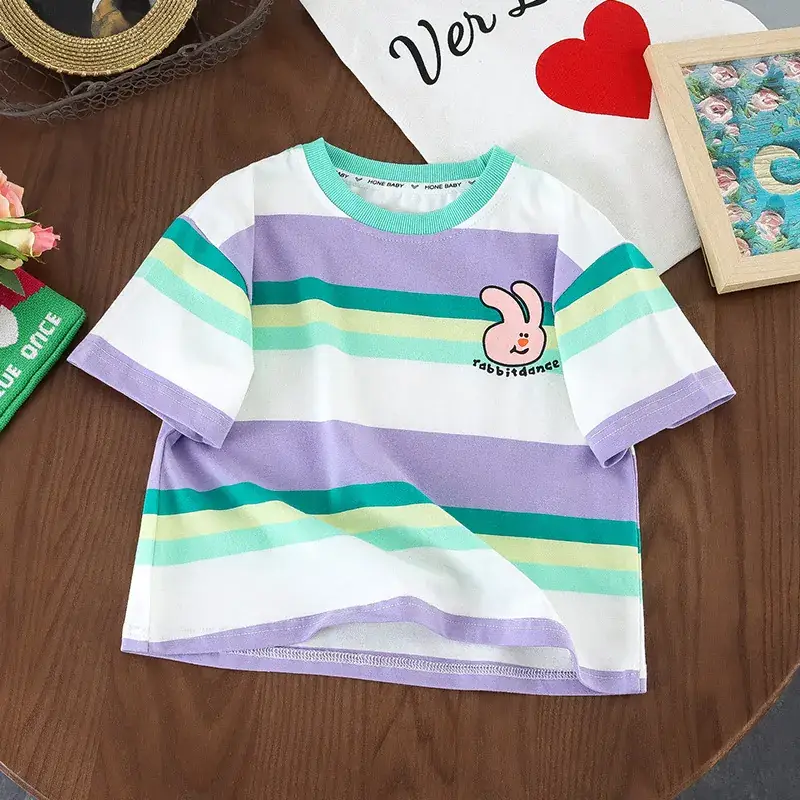 Children's Striped Cotton T-Shirt Set for Girls - Image 2
