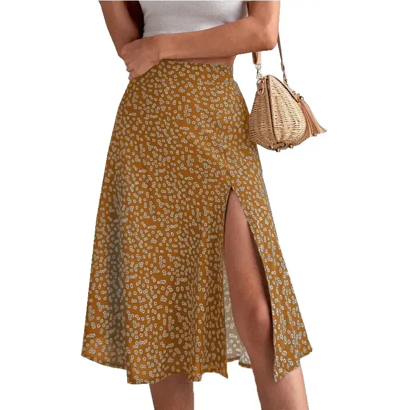 2025 Floral Skirt Mid Waist Slit A-Line European Style