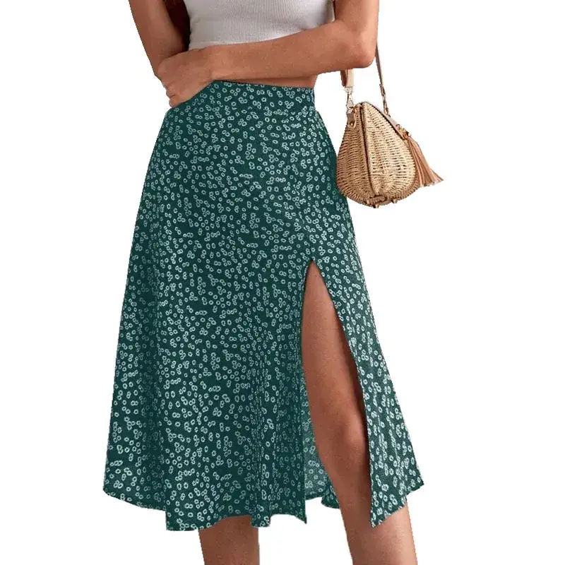 2025 Floral Skirt Mid Waist Slit A-Line European Style