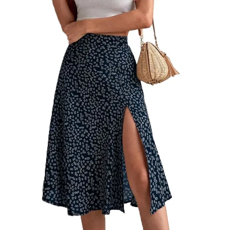 2025 Floral Skirt Mid Waist Slit A-Line European Style