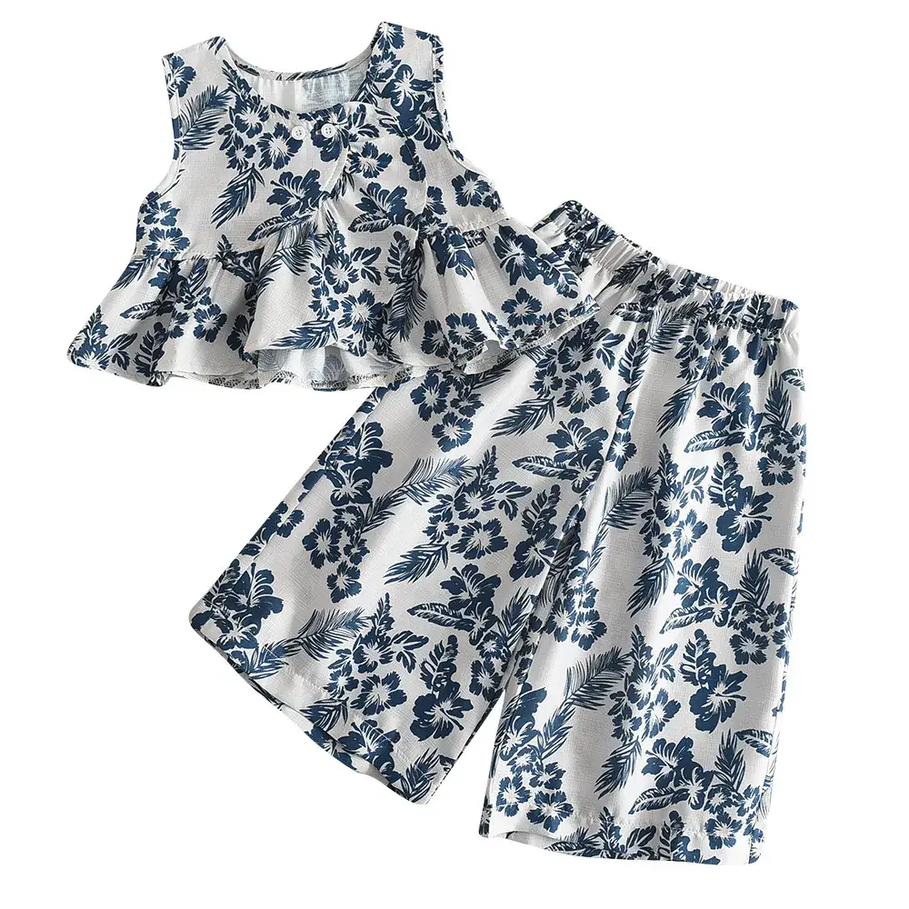 Korean Style Girls Floral Vest & Wide Leg Pants Set - Image 5