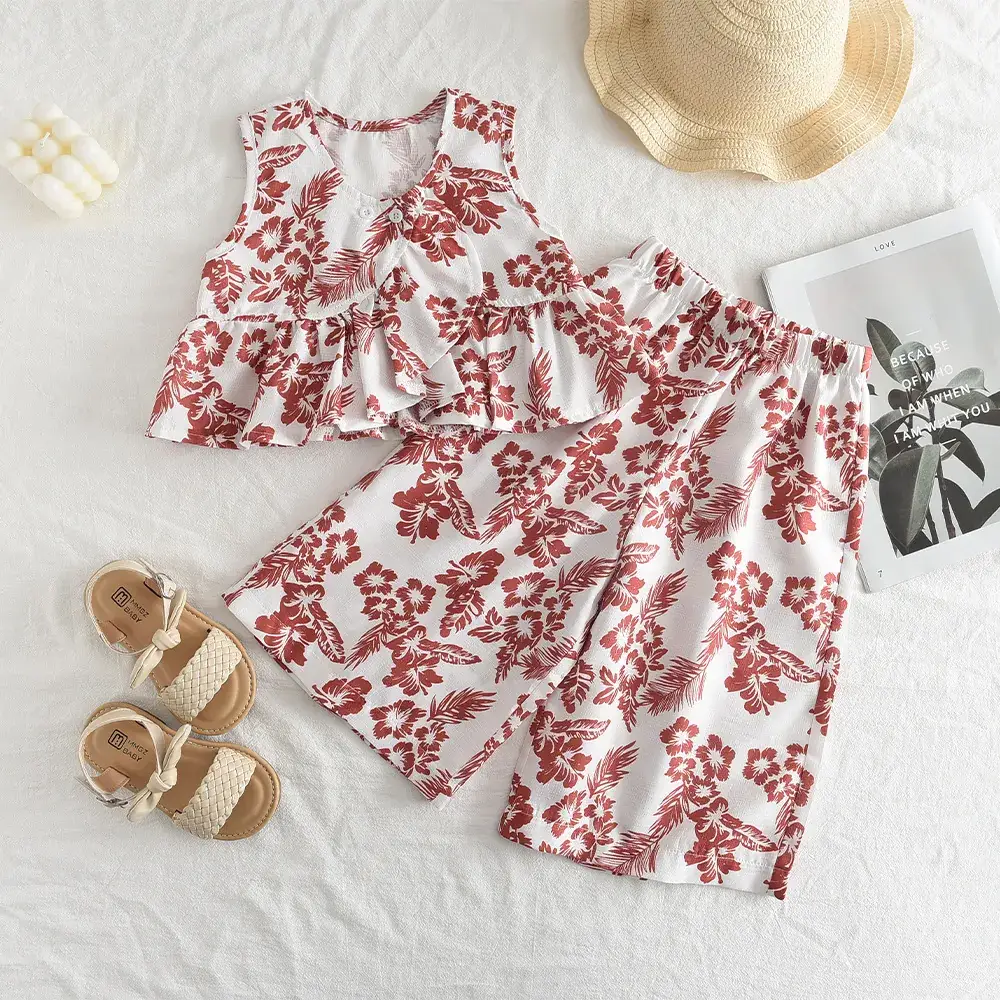 Korean Style Girls Floral Vest & Wide Leg Pants Set - Image 2