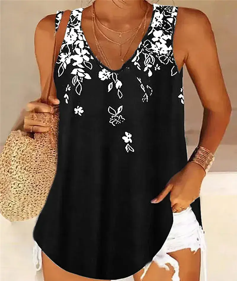 Black Floral V-Neck Sleeveless Vest for Women - Image 7