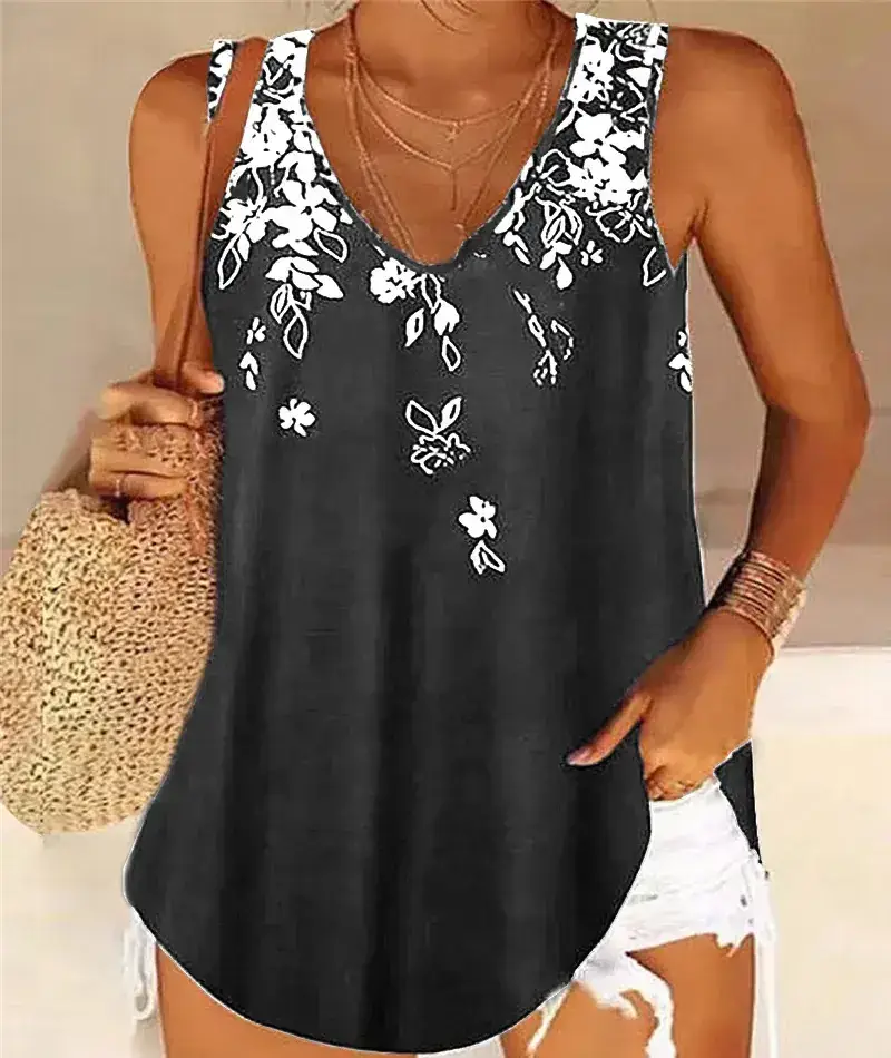Black Floral V-Neck Sleeveless Vest for Women - Image 8