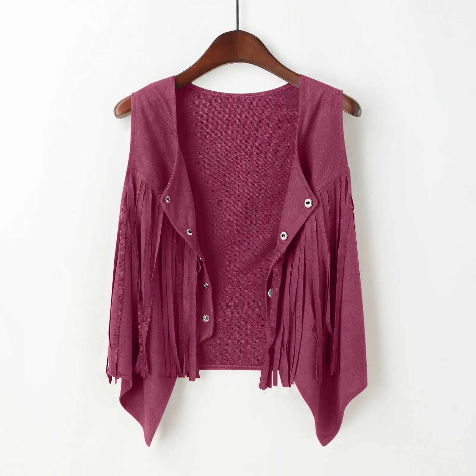 Women's Maroon Fringe Suede Vest with Button Front — feature 17