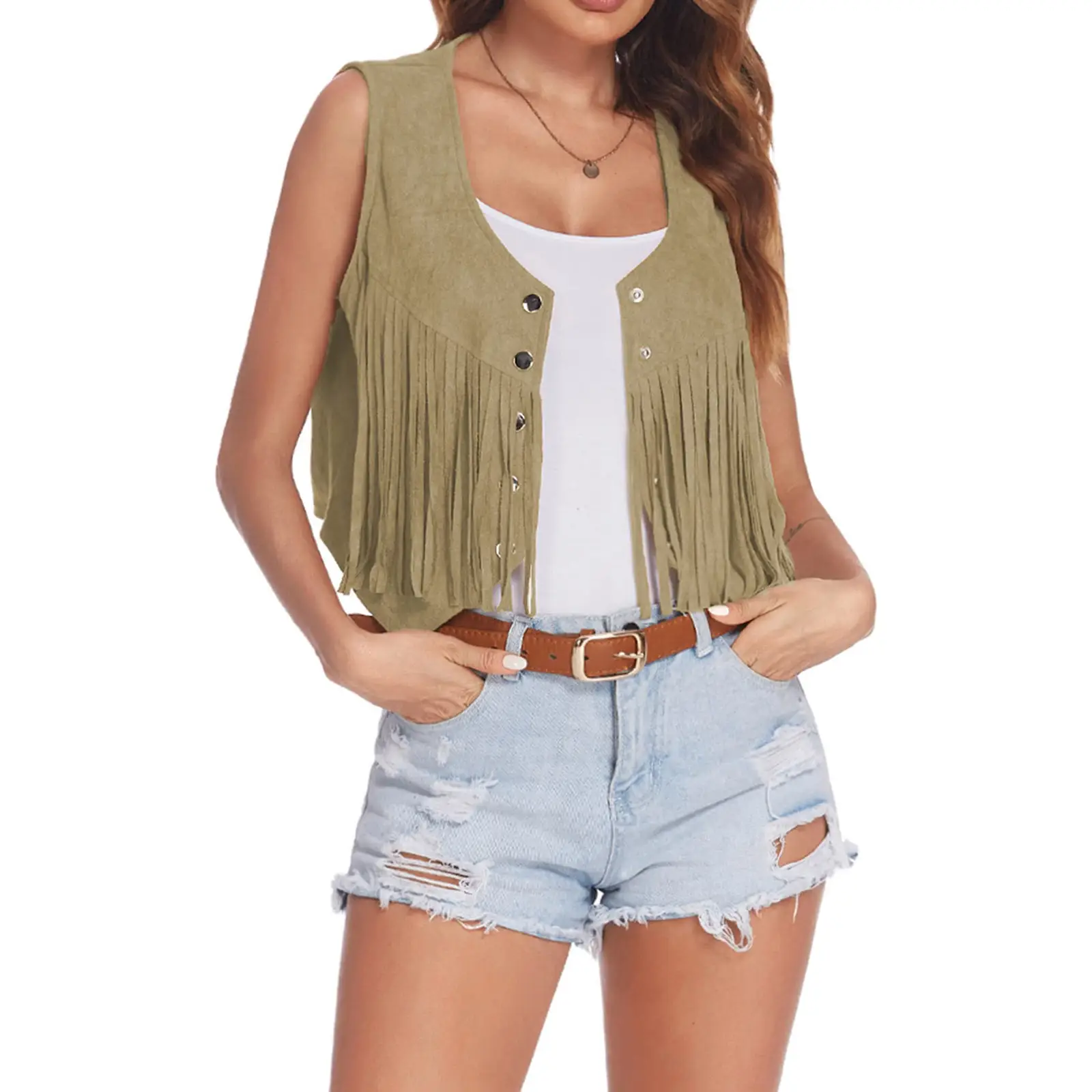 Women's Maroon Fringe Suede Vest with Button Front — feature 3
