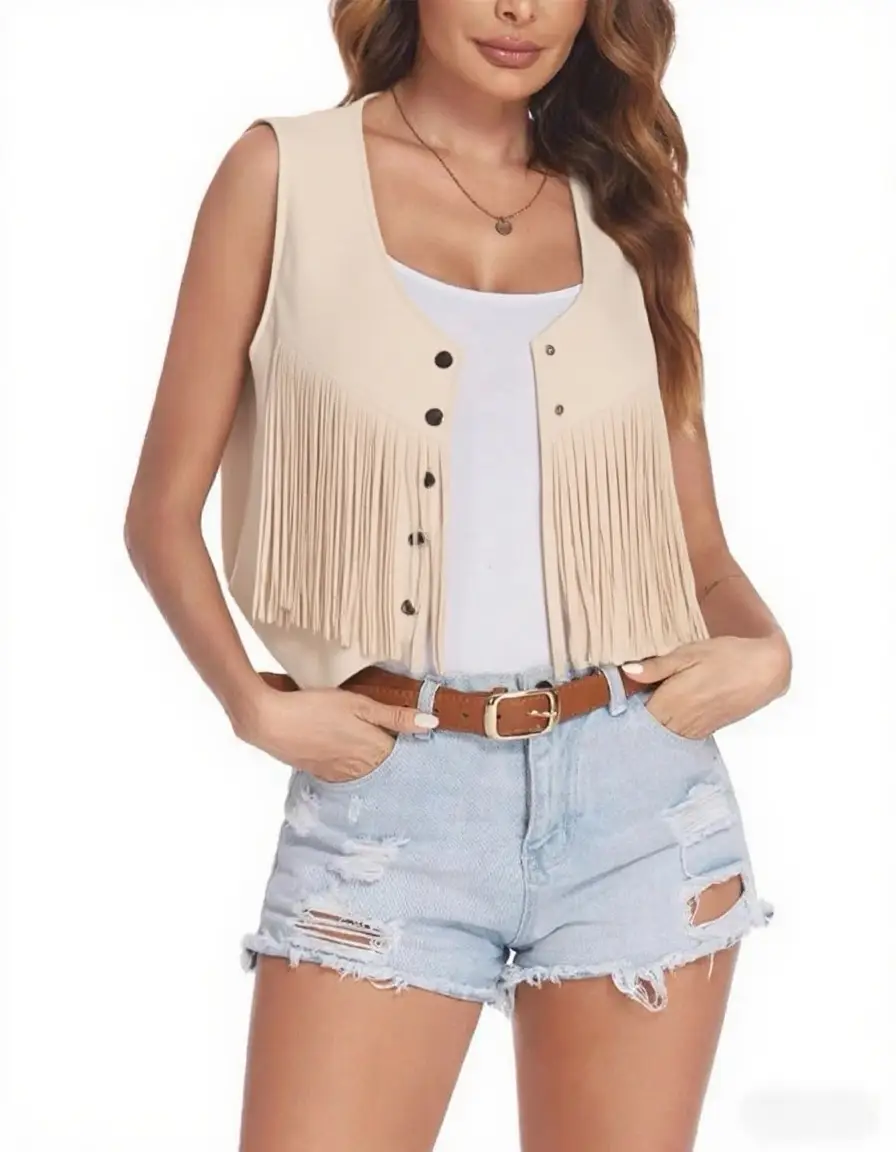Women's Maroon Fringe Suede Vest with Button Front — feature 8