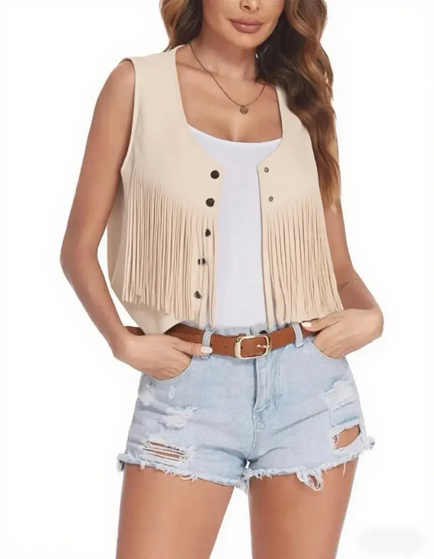 Women's Maroon Fringe Suede Vest with Button Front - Image 7