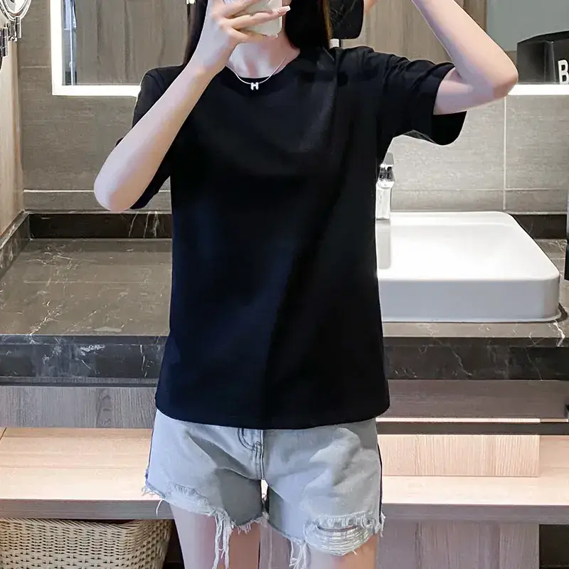 Women Black Round Neck Short Sleeve T-Shirt Slim Fit Casual Wear - Image 6