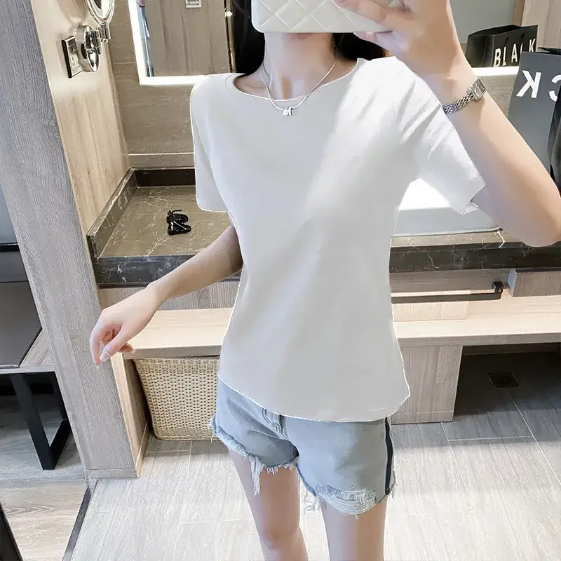 Women Black Round Neck Short Sleeve T-Shirt Slim Fit Casual Wear - Image 2