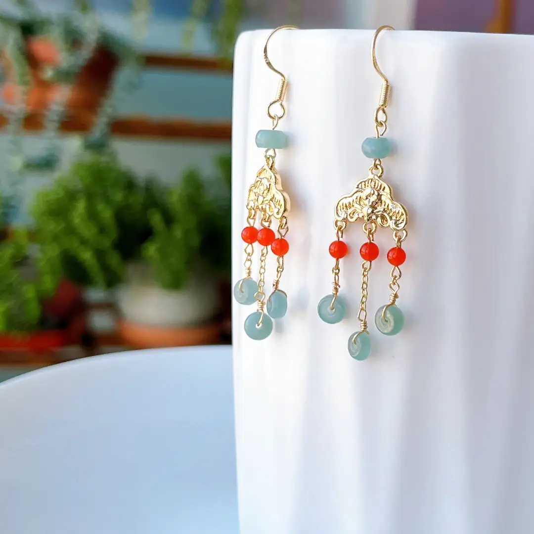 Chinese Style Jadeite Earrings with Red Accents 14K Gold - Image 4