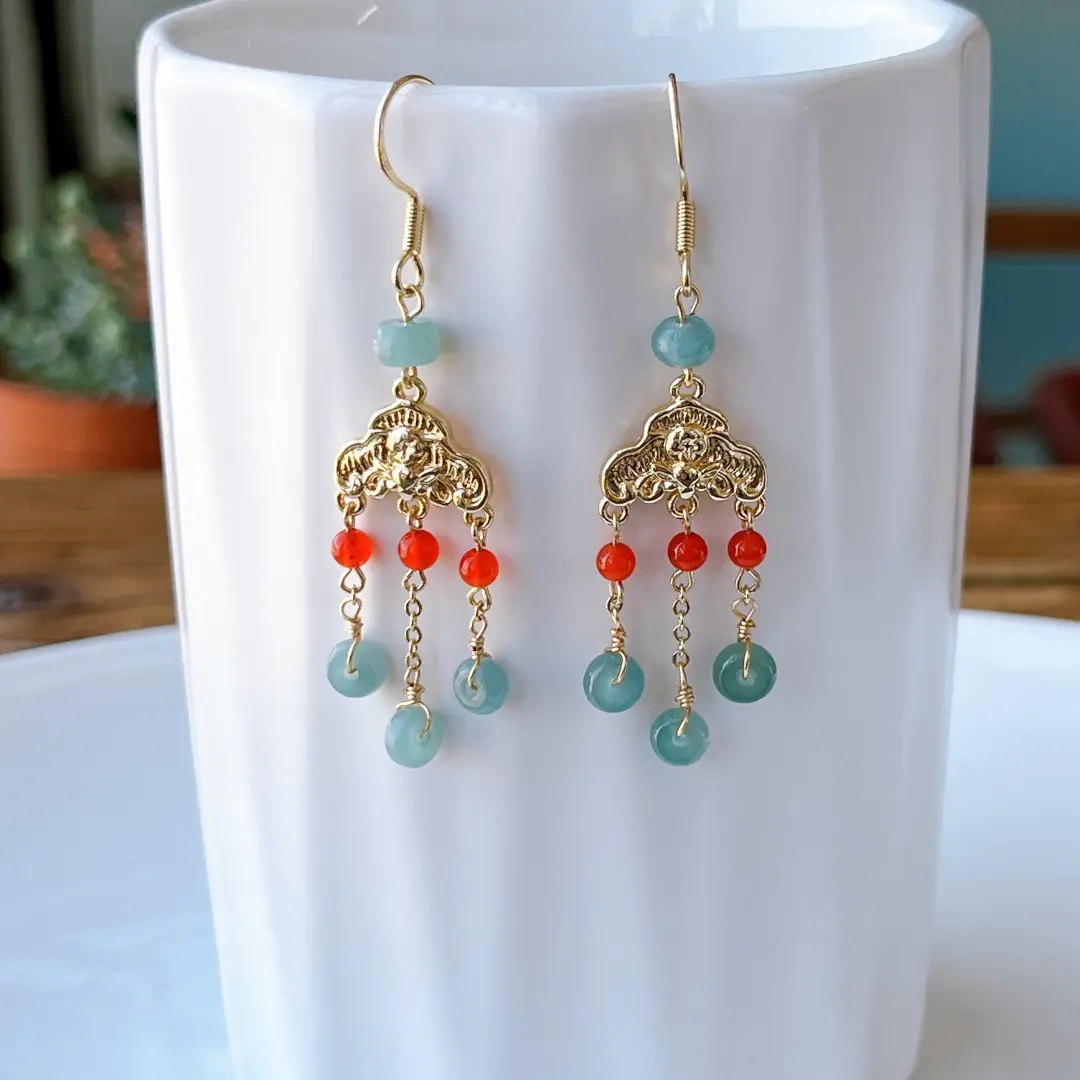 Chinese Style Jadeite Earrings with Red Accents 14K Gold - Image 5