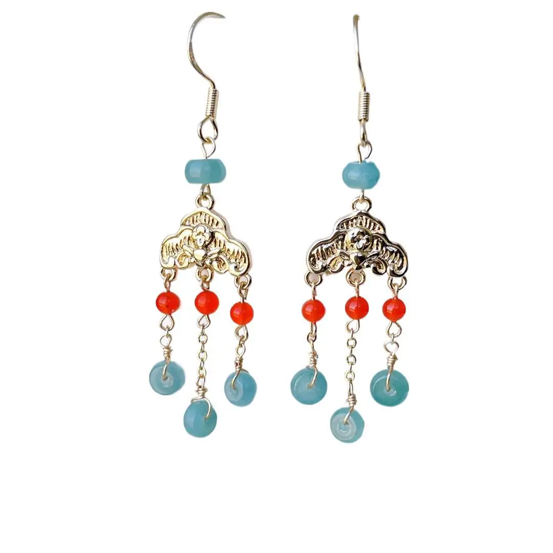 Chinese Style Jadeite Earrings with Red Accents 14K Gold - Image 6