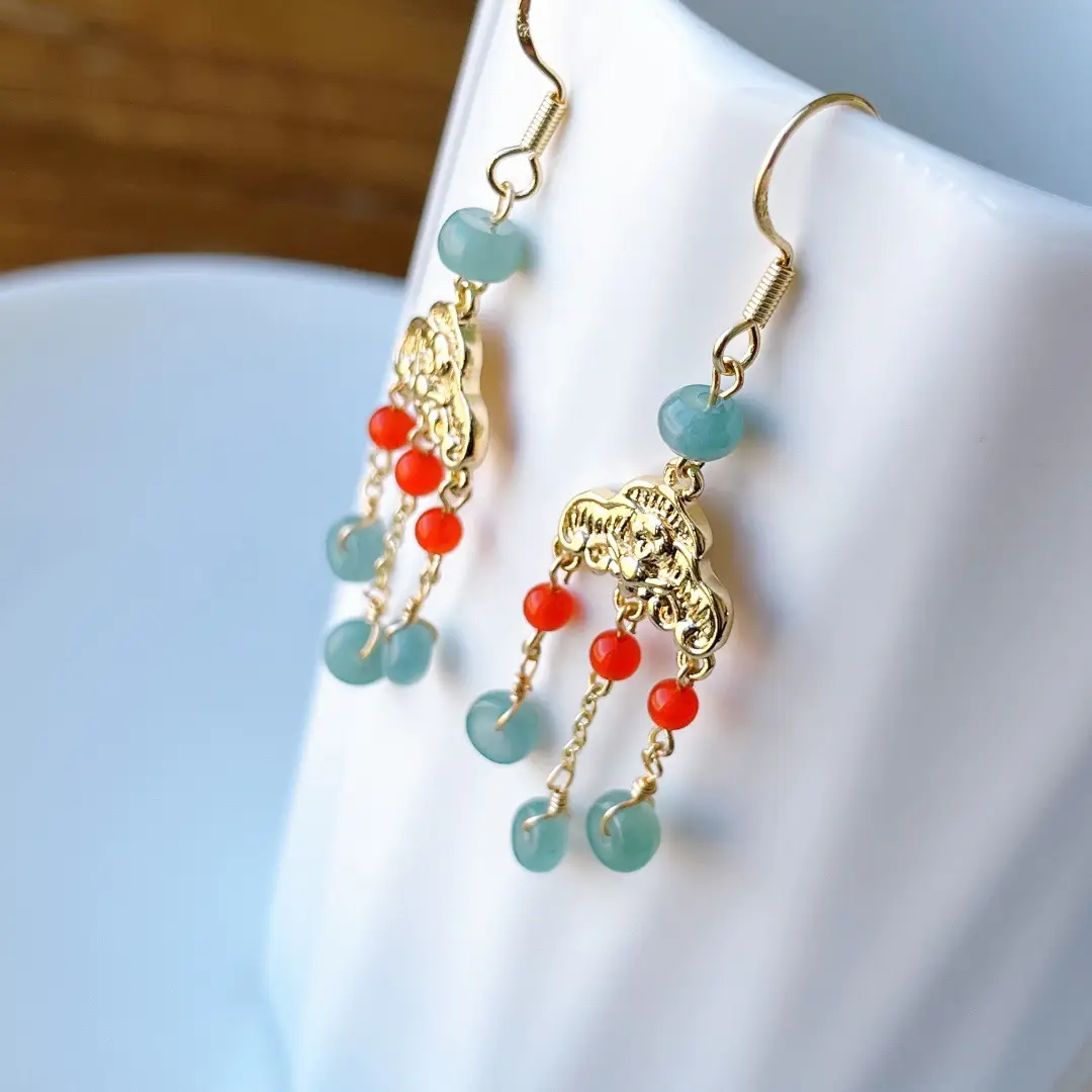 Chinese Style Jadeite Earrings with Red Accents 14K Gold — feature 25