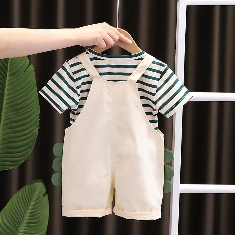 Boys Striped Shorts T-Shirt Set Green Cat Print Summer Wear - Image 4