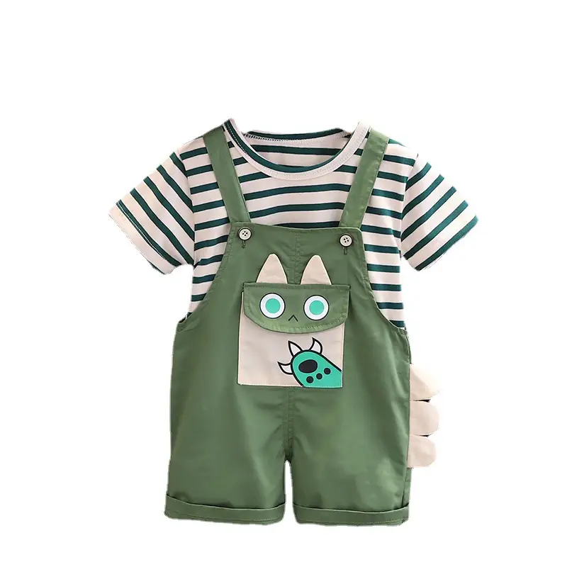 Boys Striped Shorts T-Shirt Set Green Cat Print Summer Wear - Image 5