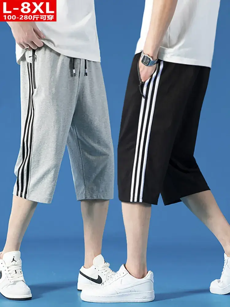 Men Three Bar Cropped Pants Gray Black Plus Size Cotton - Image 5