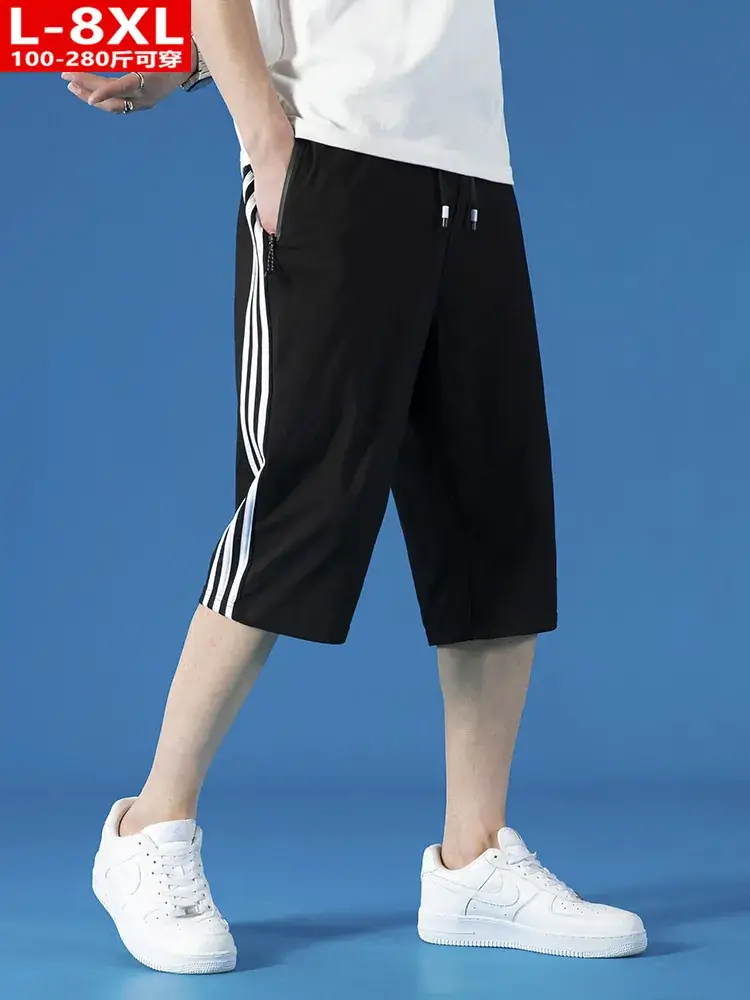 Men Three Bar Cropped Pants Gray Black Plus Size Cotton - Image 6