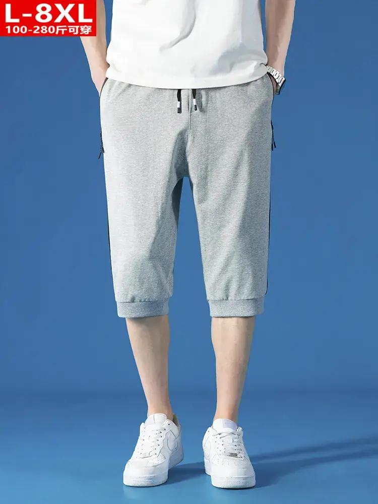 Men Three Bar Cropped Pants Gray Black Plus Size Cotton - Image 7