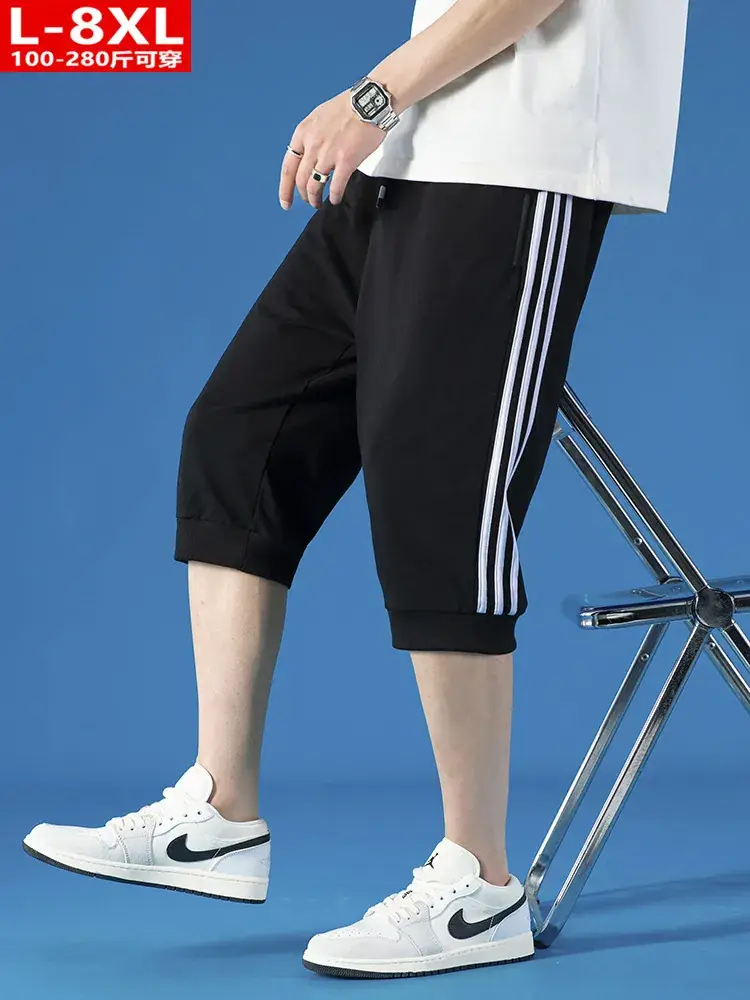 Men Three Bar Cropped Pants Gray Black Plus Size Cotton - Image 8