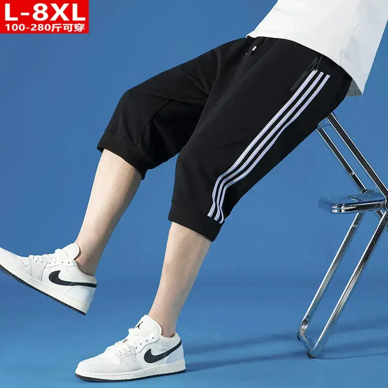 Men Three Bar Cropped Pants Gray Black Plus Size Cotton - Image 2