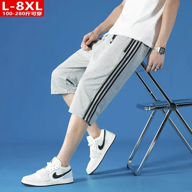 Men Three Bar Cropped Pants Gray Black Plus Size Cotton - Image 3