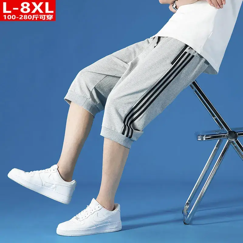 Men Three Bar Cropped Pants Gray Black Plus Size Cotton - Image 4