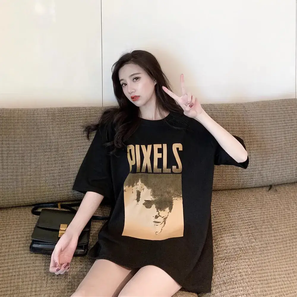 Women Pixel Print T-Shirt Large Black Loose Fit - Image 3