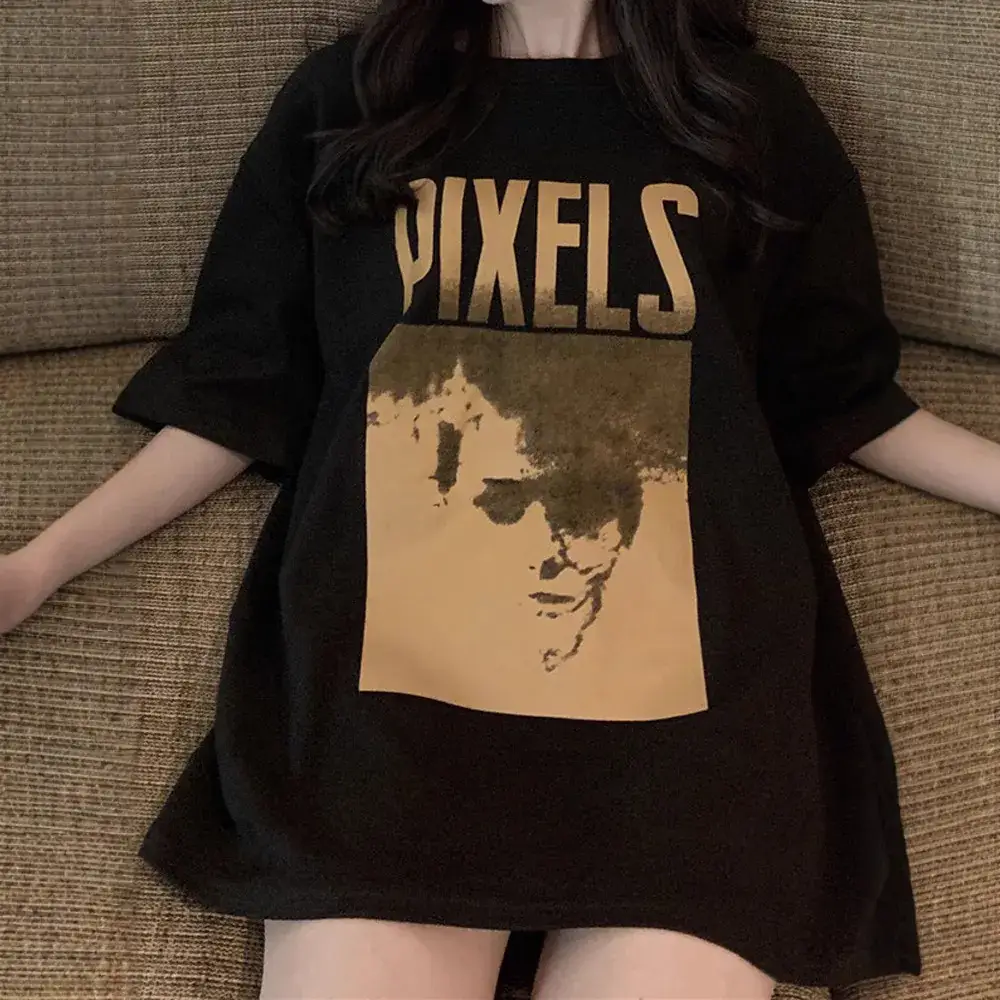 Women Pixel Print T-Shirt Large Black Loose Fit - Image 5