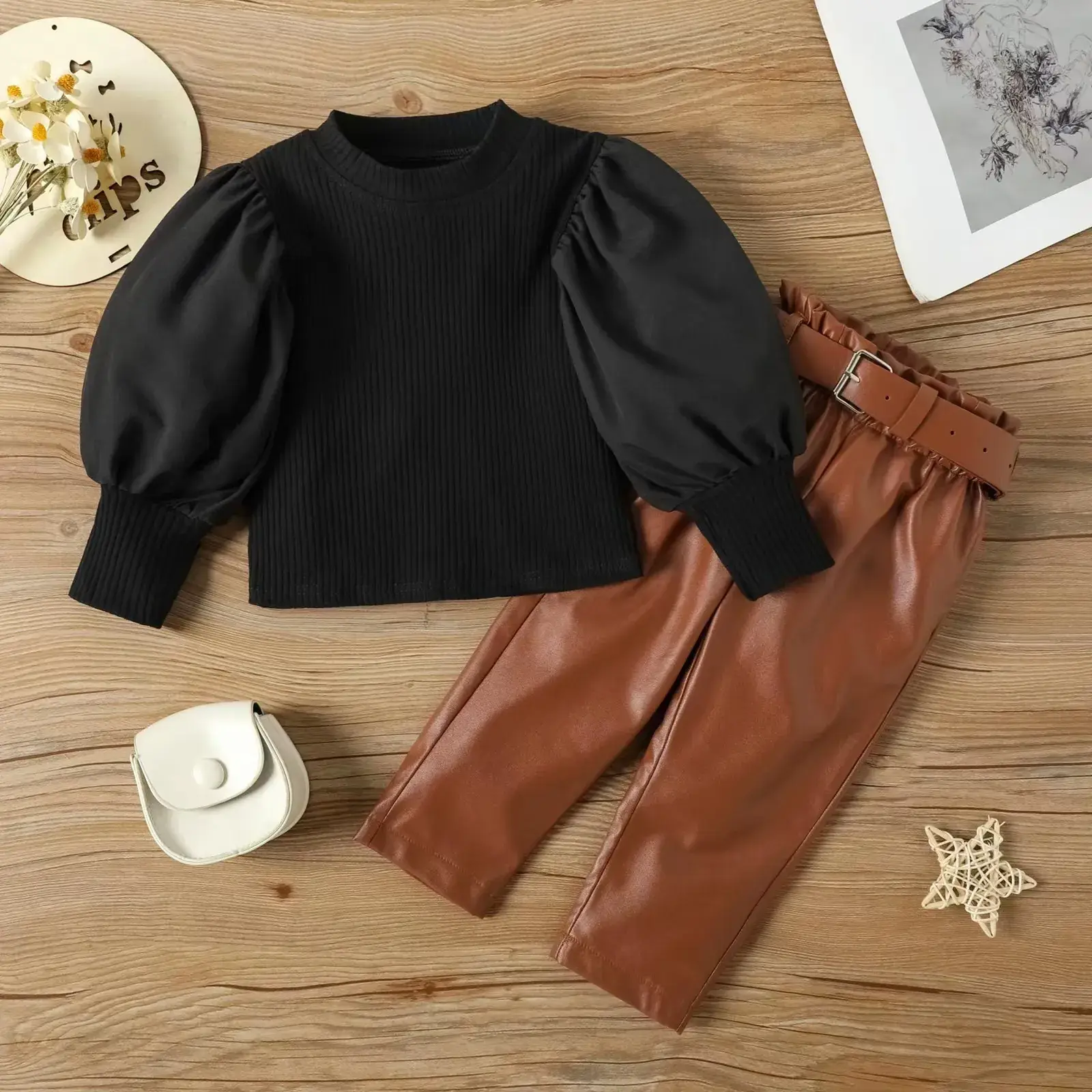 Girls Black Sweatshirt Brown Leather Pants Set 2023