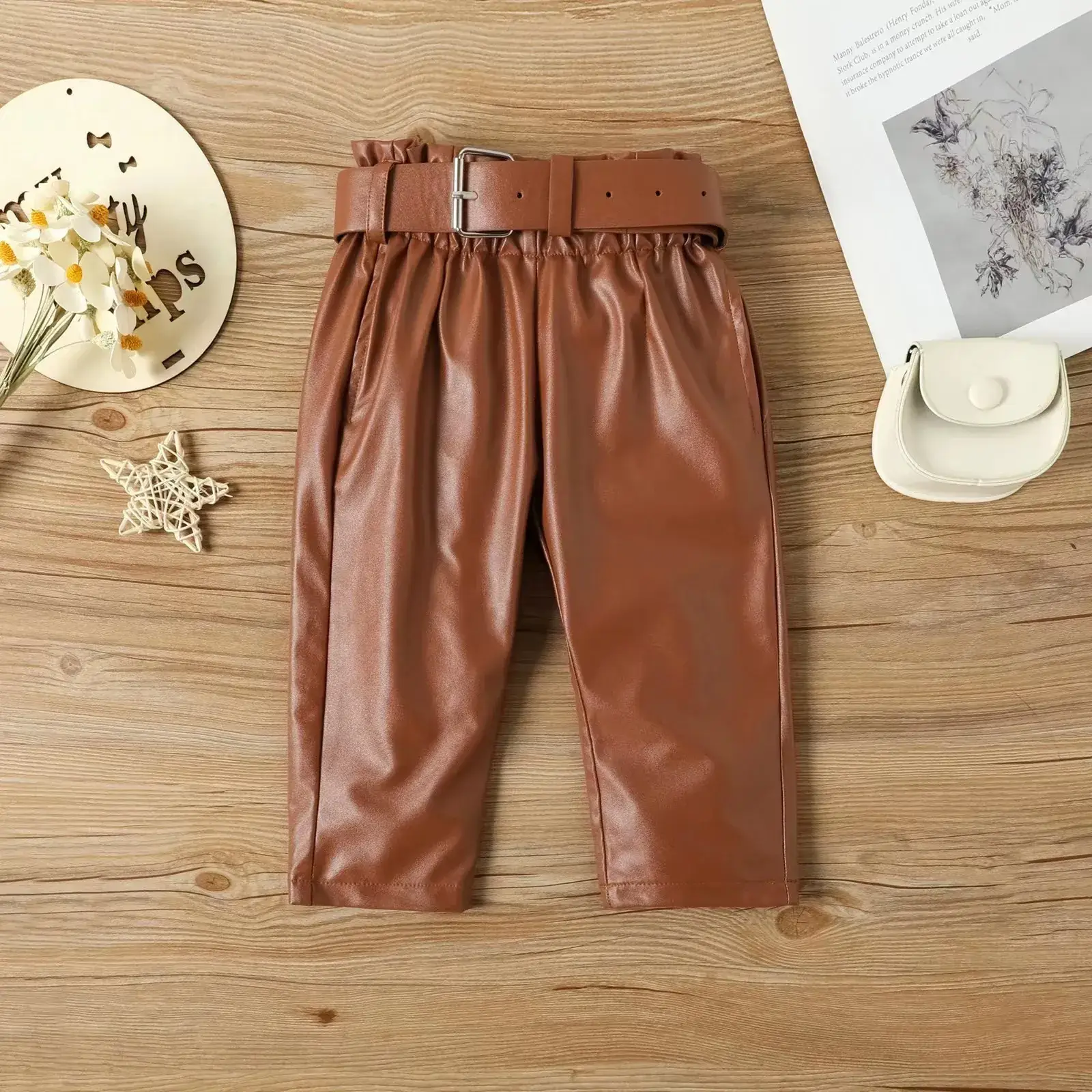 Girls Black Sweatshirt Brown Leather Pants Set 2023