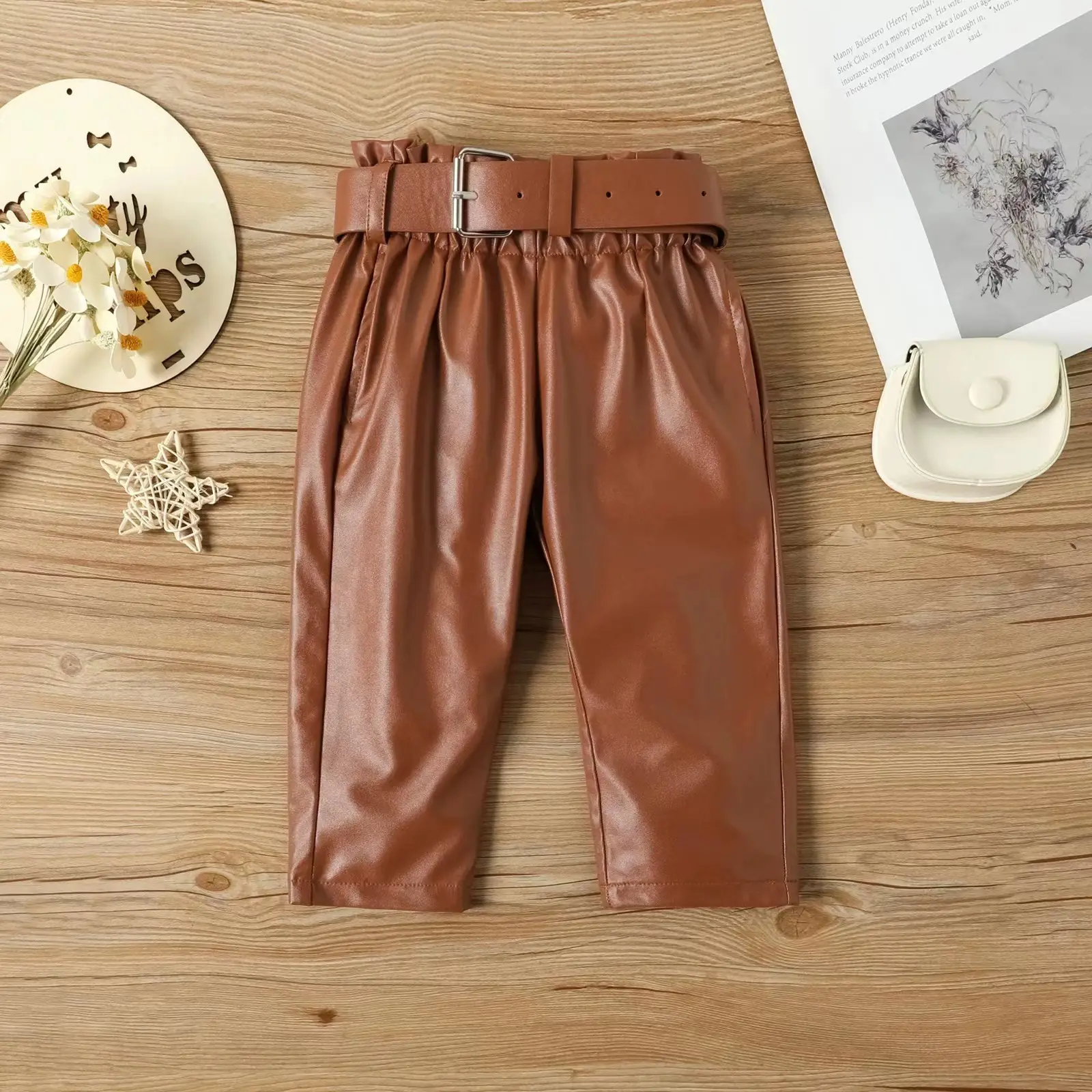 Girls Black Sweatshirt Brown Leather Pants Set 2023 — feature 11