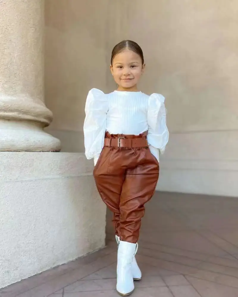 Girls Black Sweatshirt Brown Leather Pants Set 2023 — feature 2